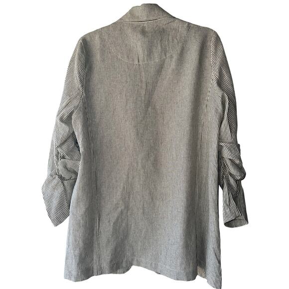 Max Studio Women’s Size Large Striped Linen Blend Blazer 3/4 Ruched Sleeves - Picture 2 of 8